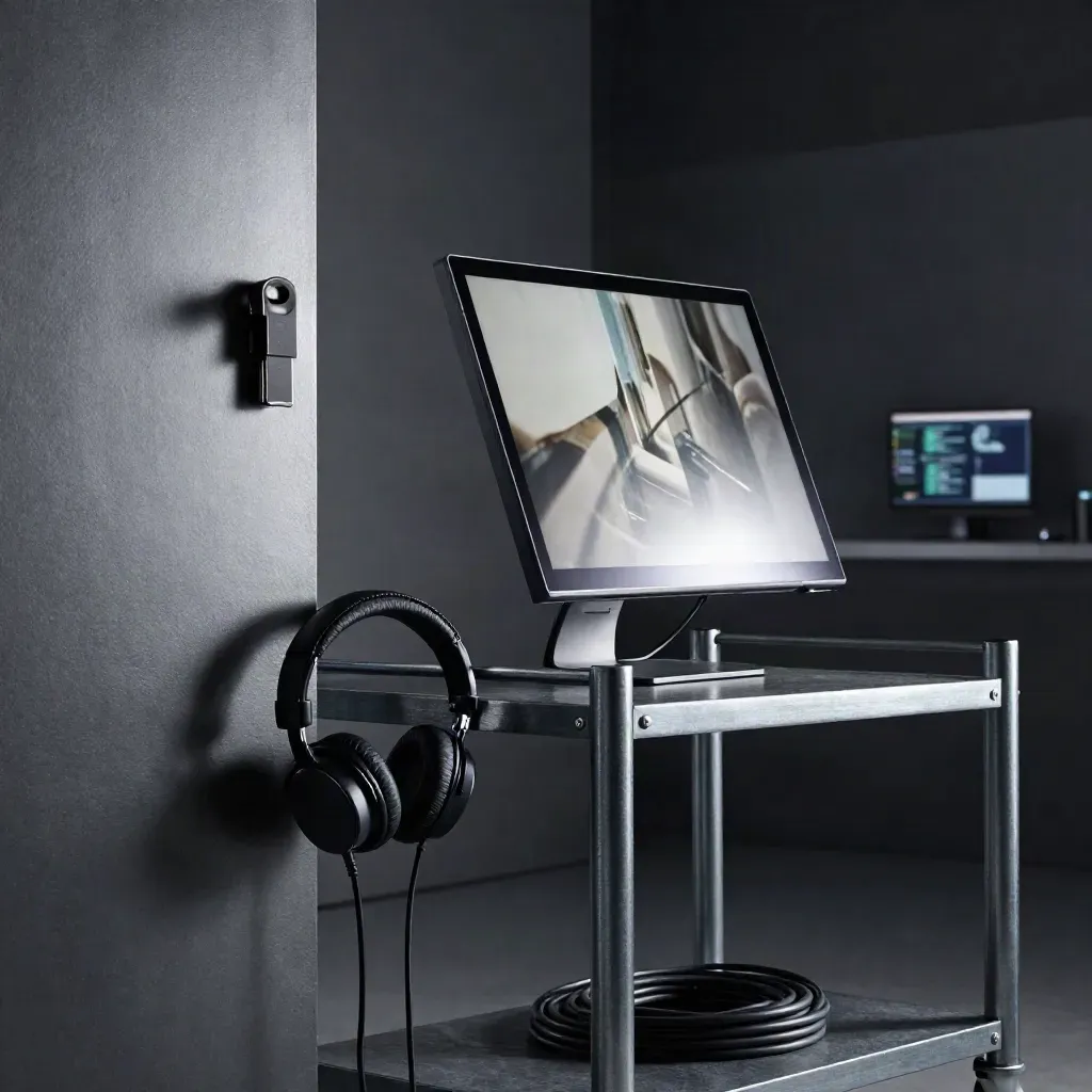 Glowing edit suite monitor, headphones, coiled cable, and metal cart in a dark room