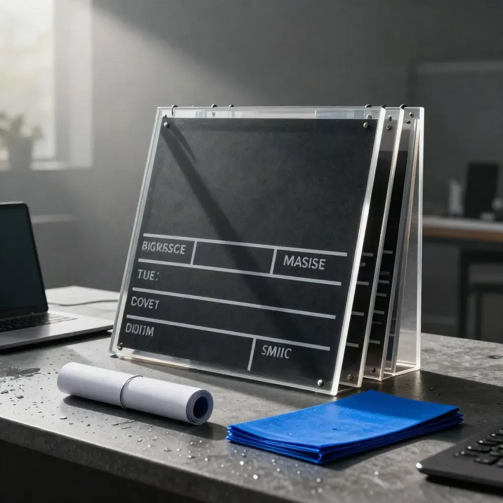 Translucent acrylic motion frames, campaign boards, laptop, and blue gel on a rain-damp studio table.
