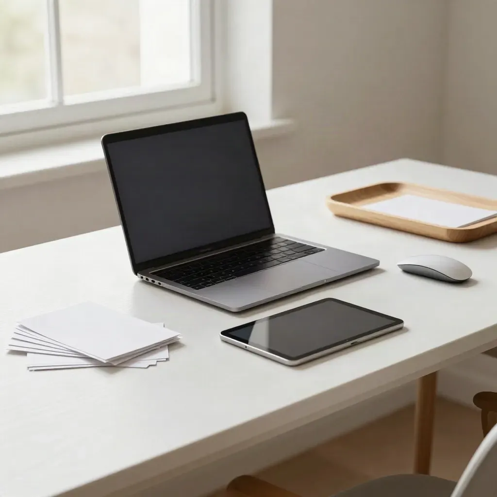 Loft desk with closed laptop, angled tablet, mouse and folded cards in soft window light.
