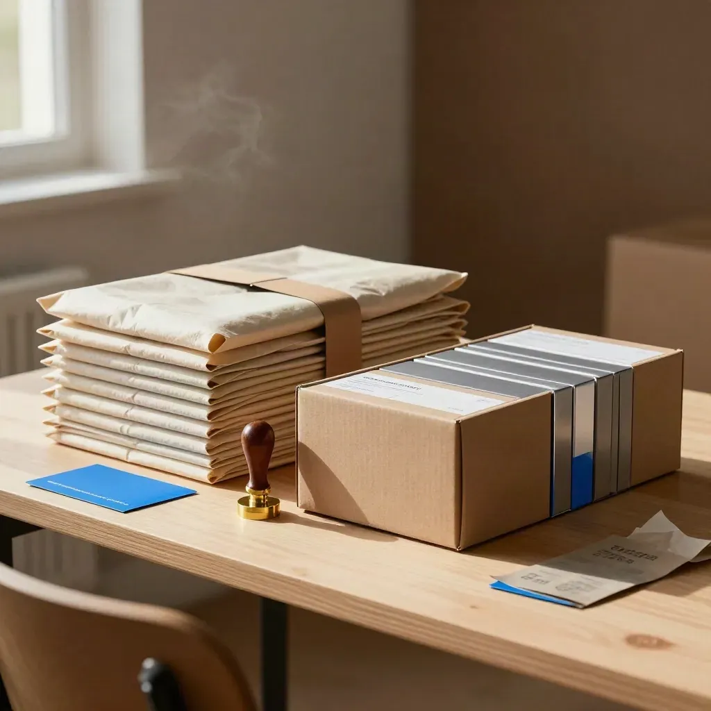 Stacked launch kits, shipping cartons, and brass seal stamp in a hazy studio corner.