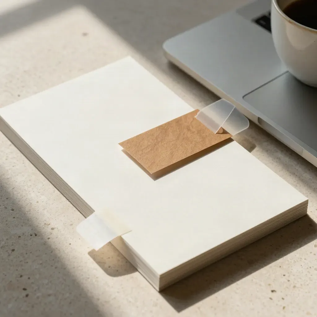 Top-down redesign mockup with page blocks, tabs, angled laptop and coffee on travertine.
