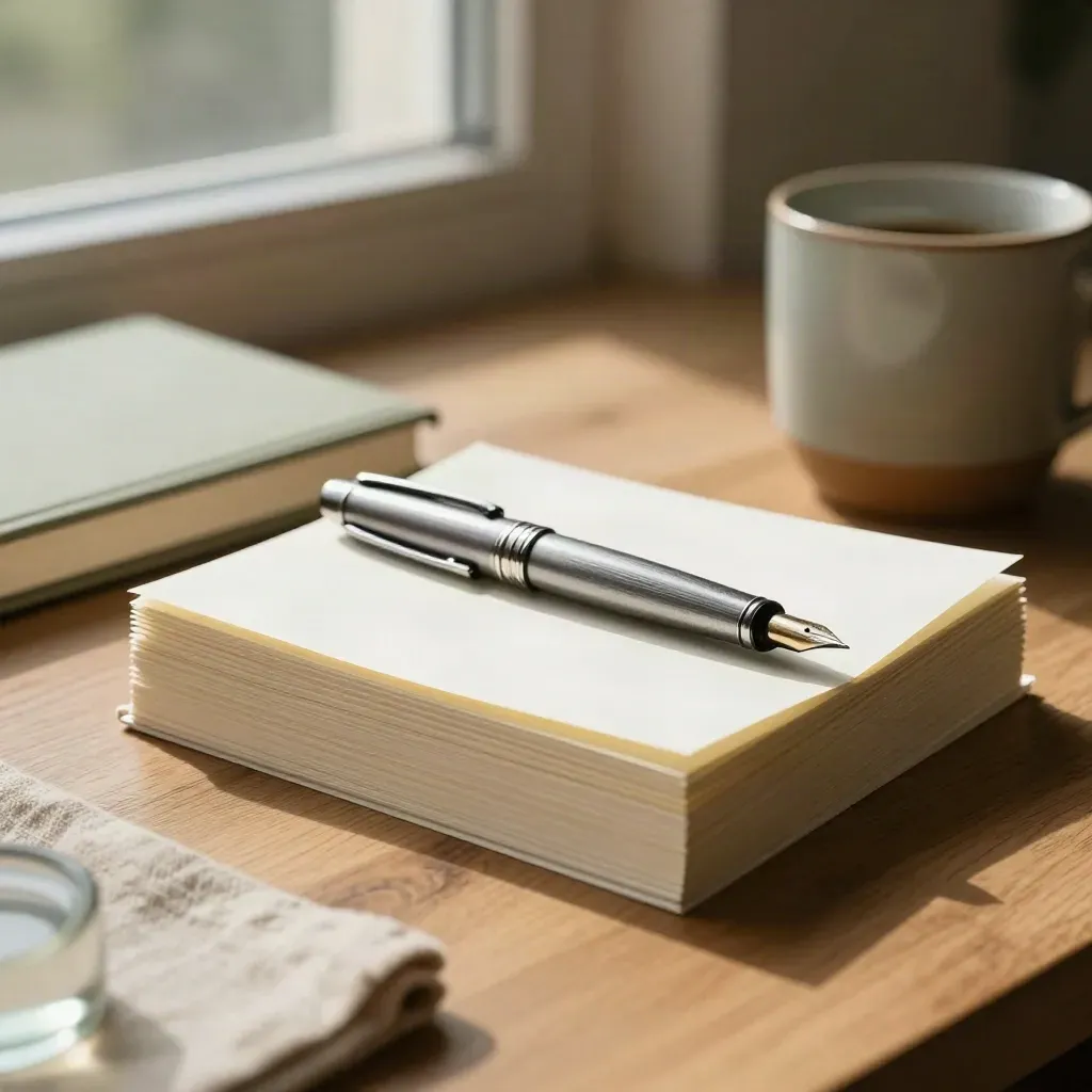Warm copy session still life with pen, folded pages, notebook and ceramic cup by a sunlit window.