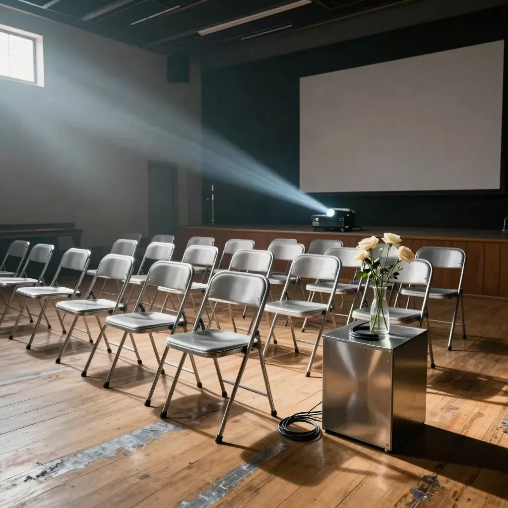 Empty community hall with chairs and a projector beam before a fundraiser event.