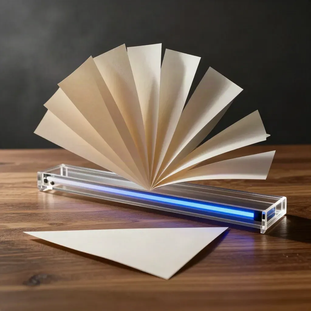 Translucent acrylic frames and paper shapes fanning open with electric-blue light