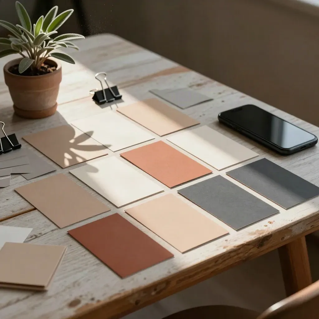Diagonal grid of blank cards with a face-down phone, clips, and a small plant on a studio table.