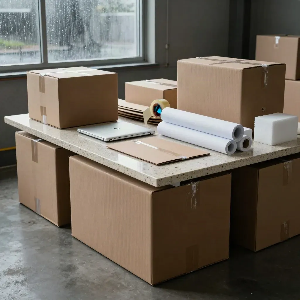 Low cinematic launch table with cartons, folded boards, closed laptop and rain haze