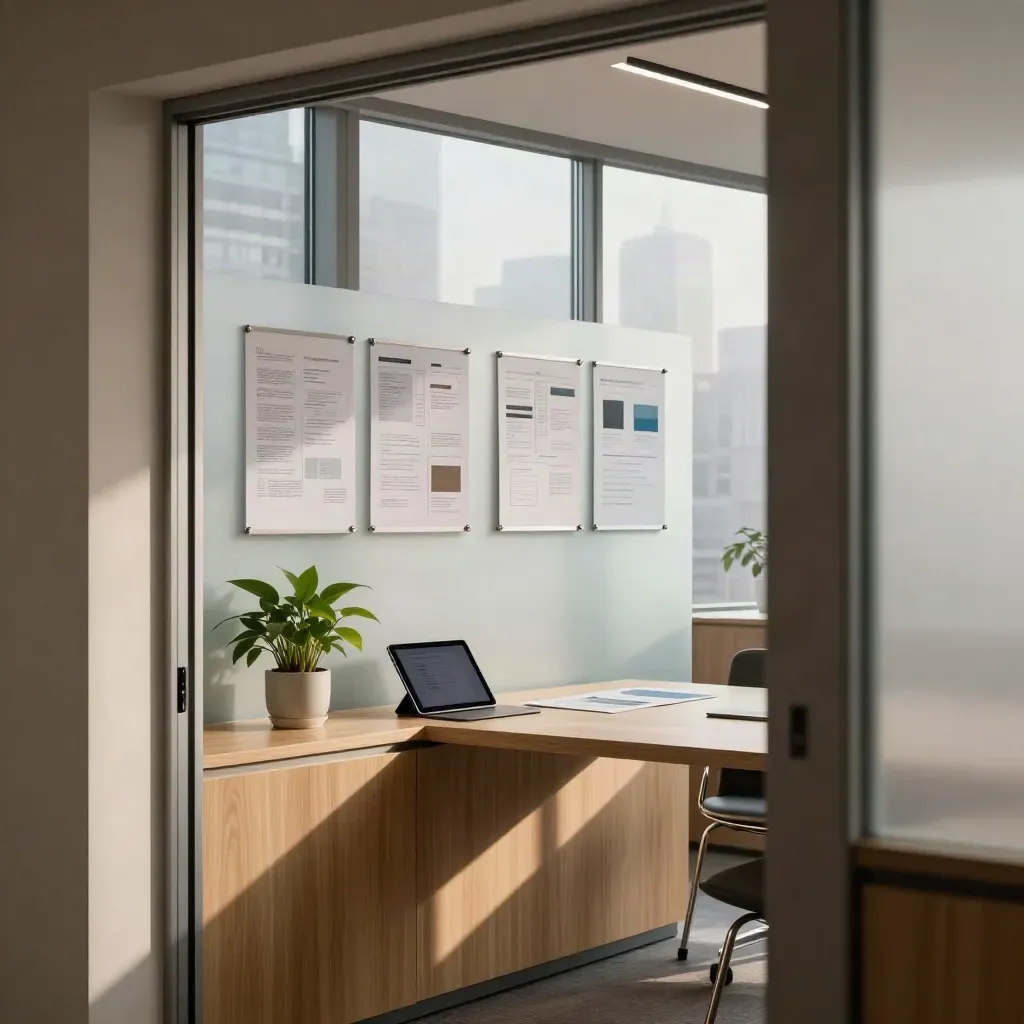 Toronto startup meeting room with site mockups, tablet, glass walls and misty morning light.