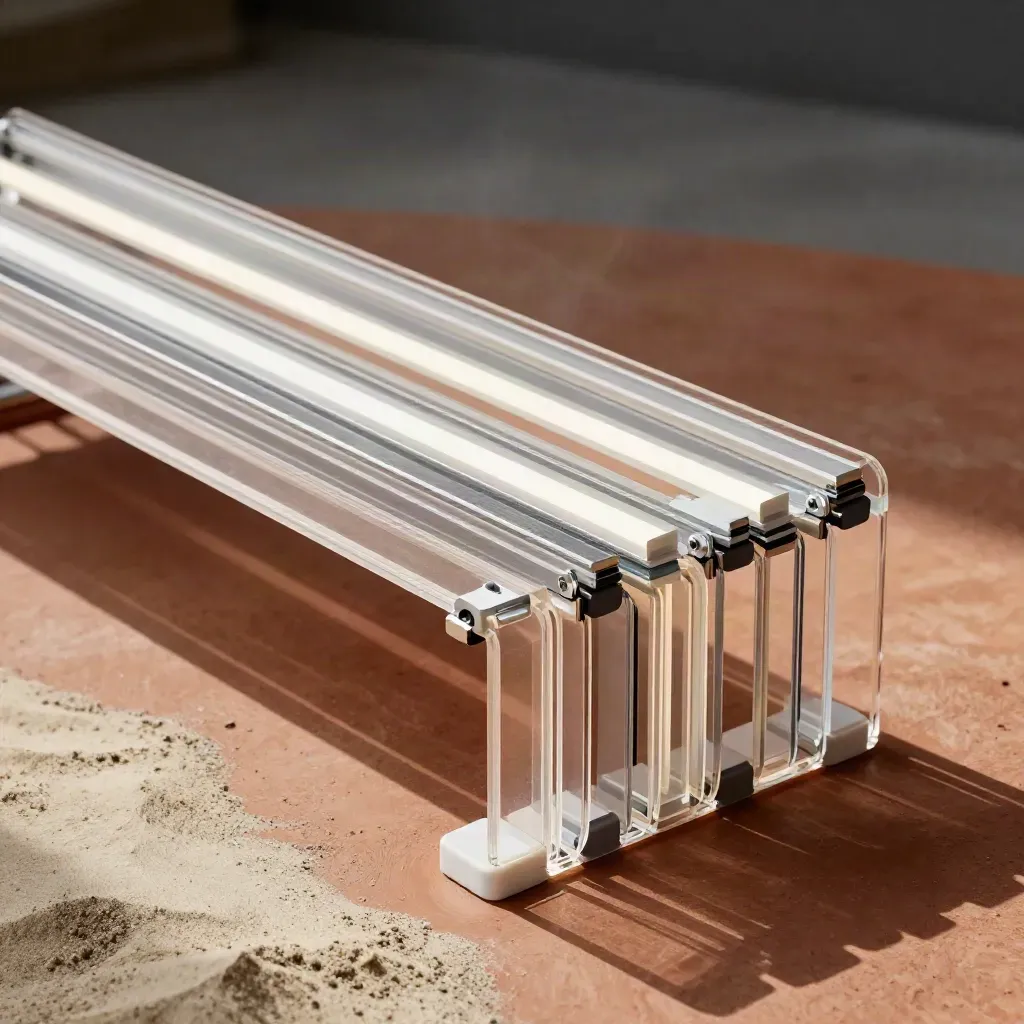 Diagonal acrylic motion frames and LED panels on a terracotta studio bench in soft mist.