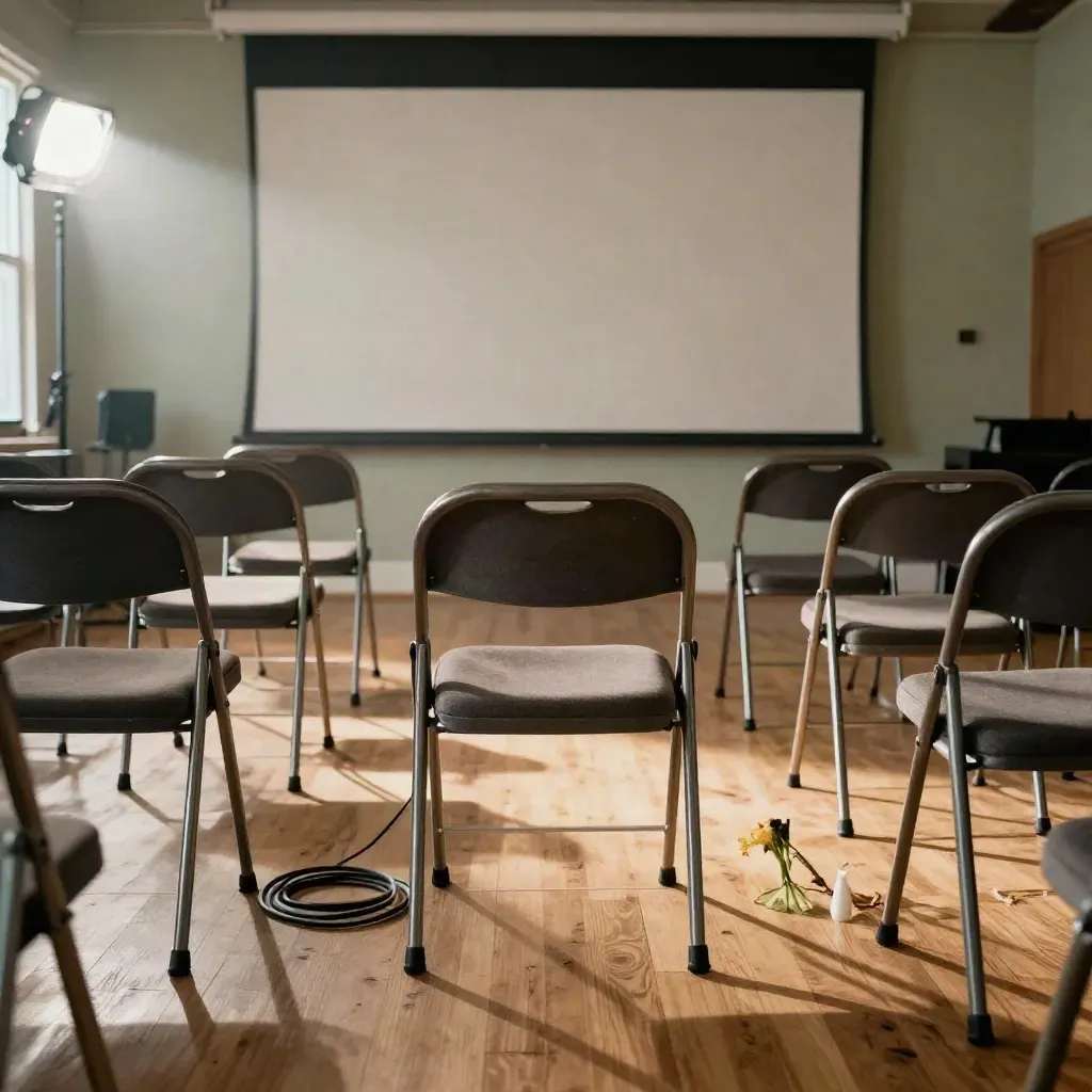 Floor-level view of chairs, cable, flowers, and blank projection wall in a quiet film room