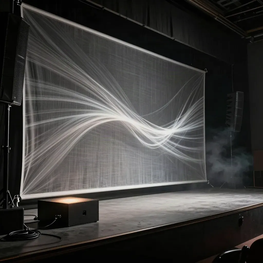 Hazy studio scrim with looping light, speaker tower, and control box.