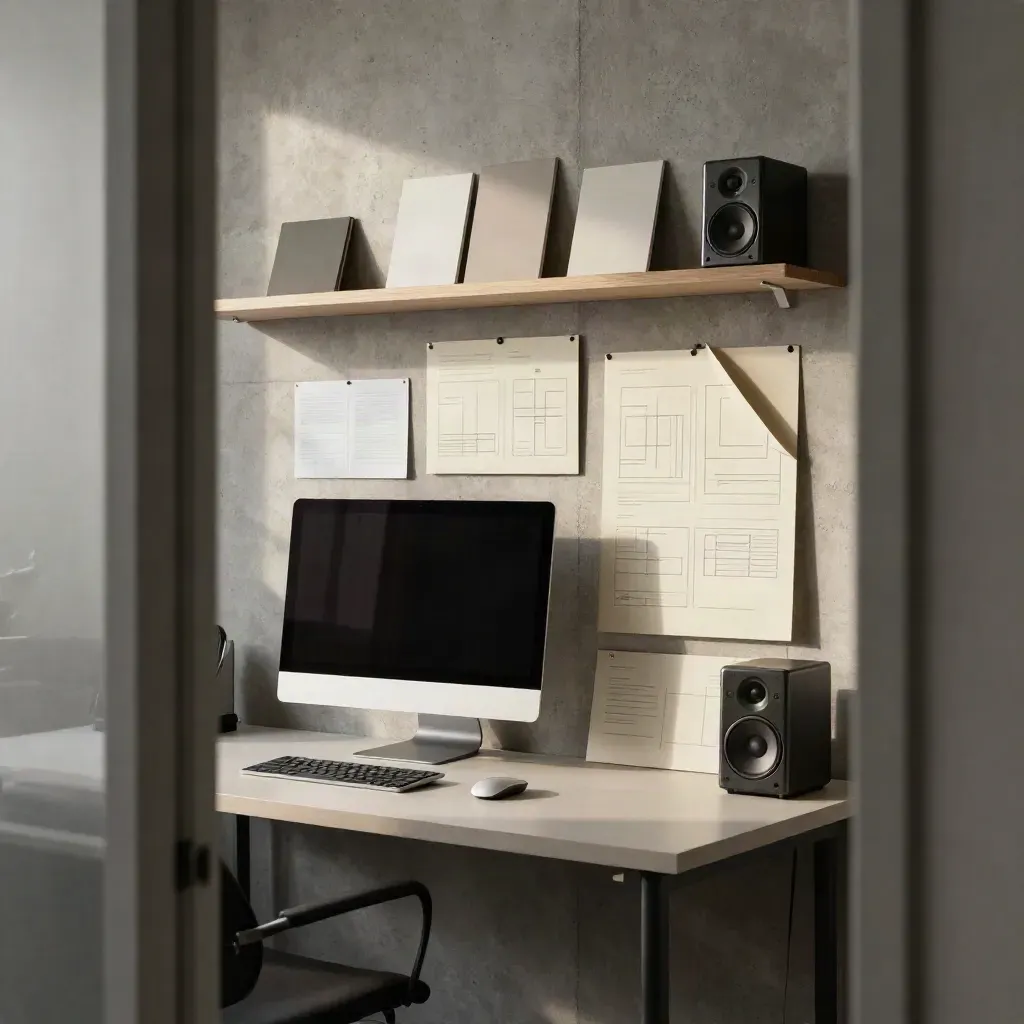 Compact agency workspace with mockup boards, desktop computer, and wall shelf in soft morning light.
