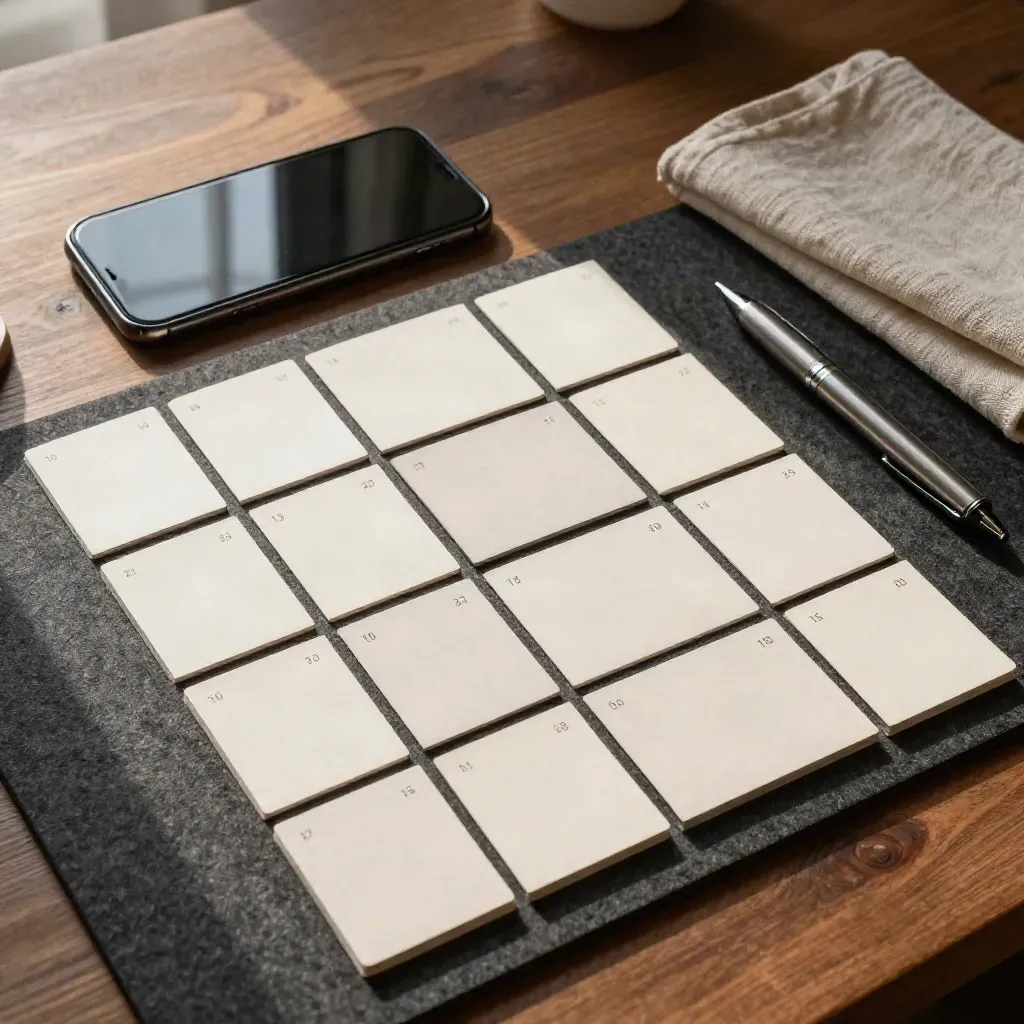 Overhead flat lay of content planning cards beside a phone, pen, and linen cloth.