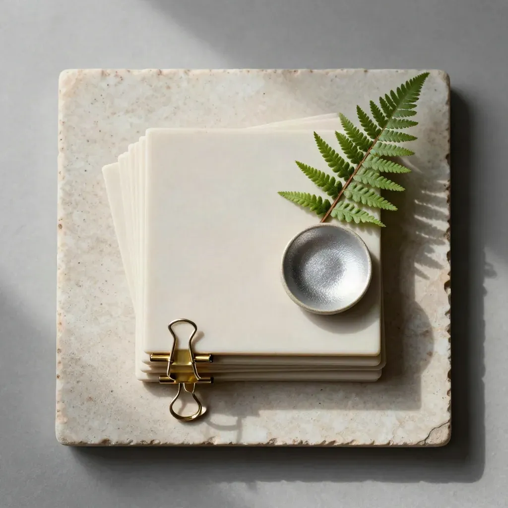 Overhead flatlay of strategy tiles clipped with brass, a fern, and ceramic dish on stone.