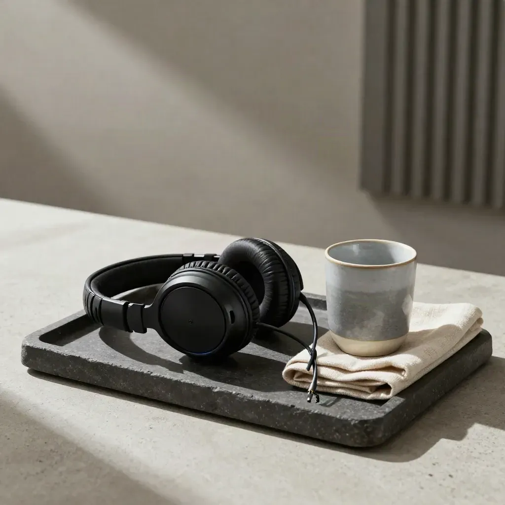 Black studio headphones, coiled cable, linen cloth and ceramic cup on a stone tray in soft light.
