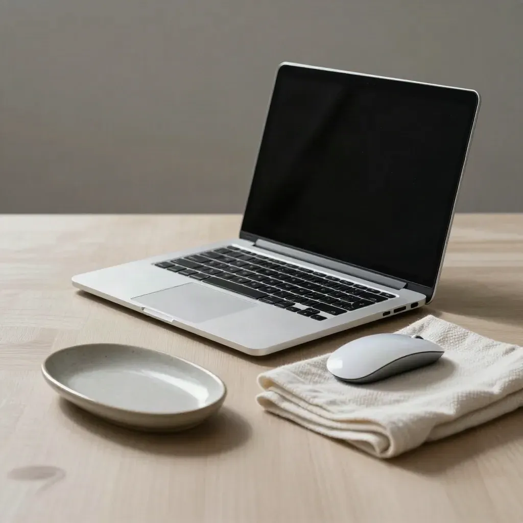 Open laptop with mouse, cloth, and ceramic tray on pale wood with soft side light.