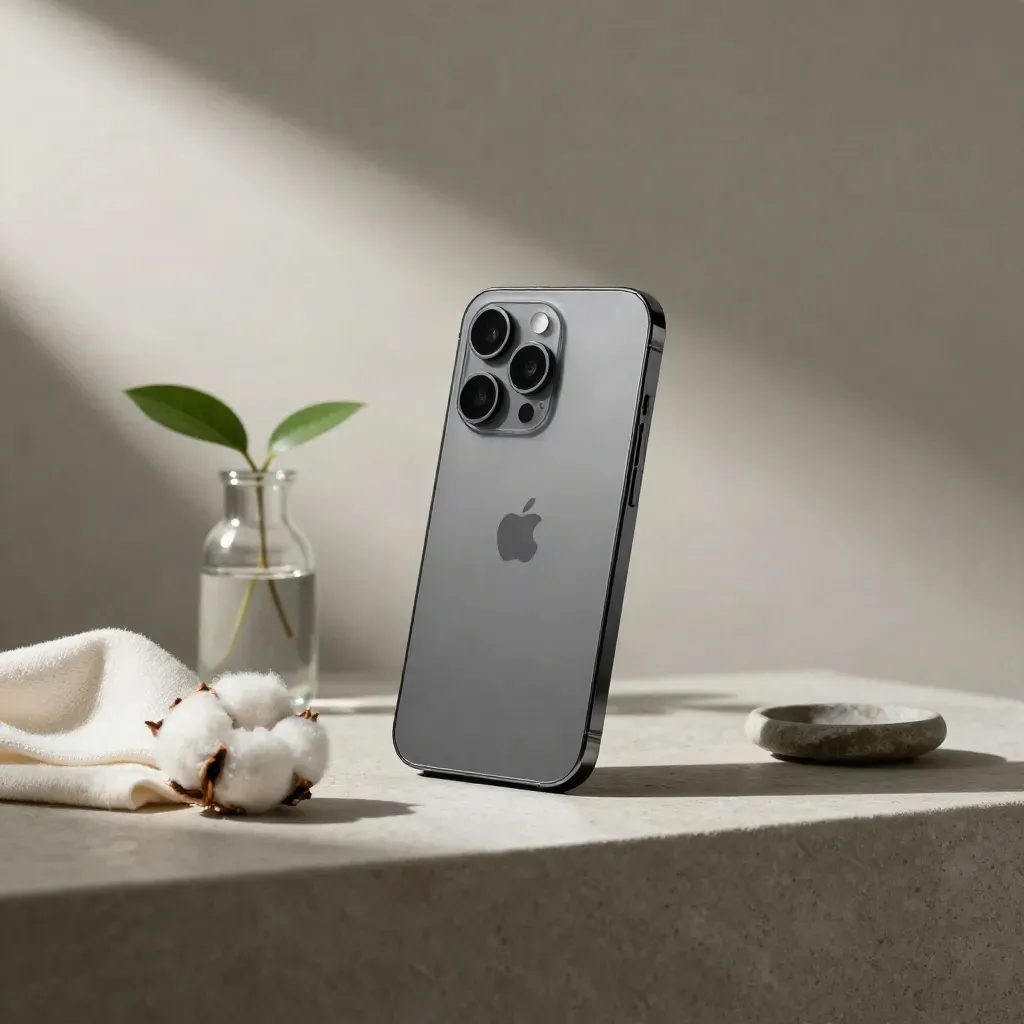 Smartphone with plant cutting, folded cloth, and stone dish on a stone shelf.